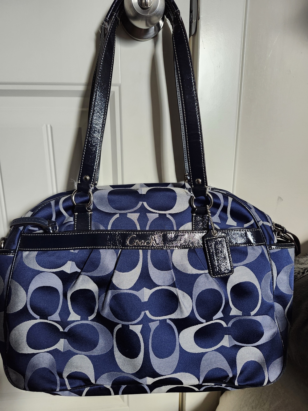 Coach Navy and White Signature Satchel